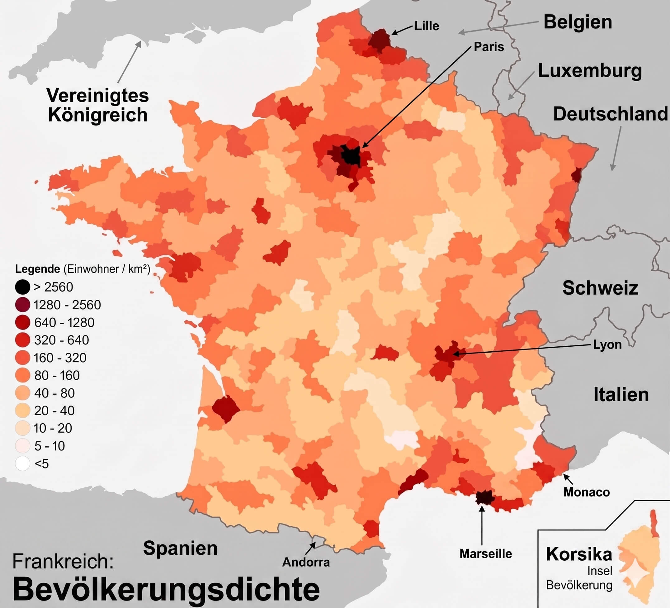 Bevoelkerungsdichte von Frankreich karte