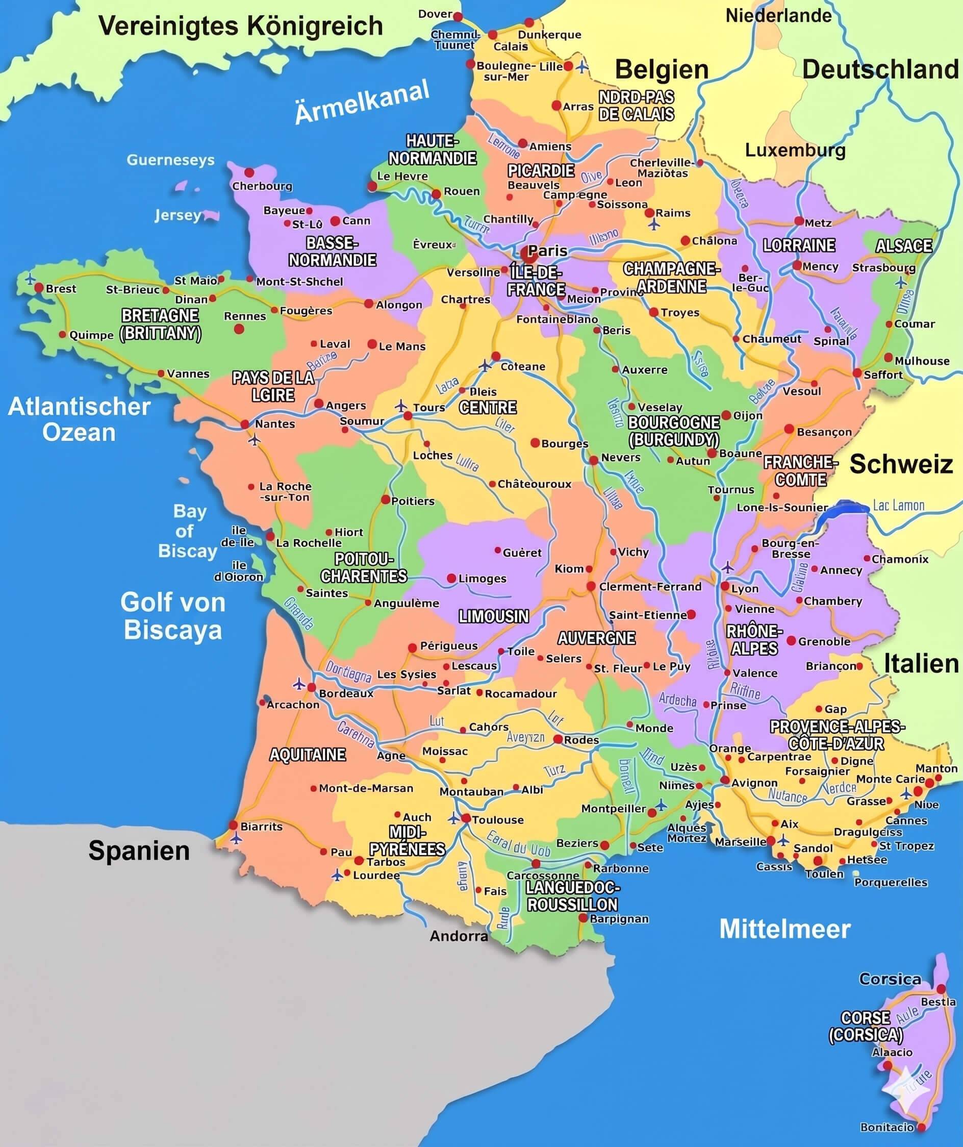 Detailkarte von Frankreich mit staedten