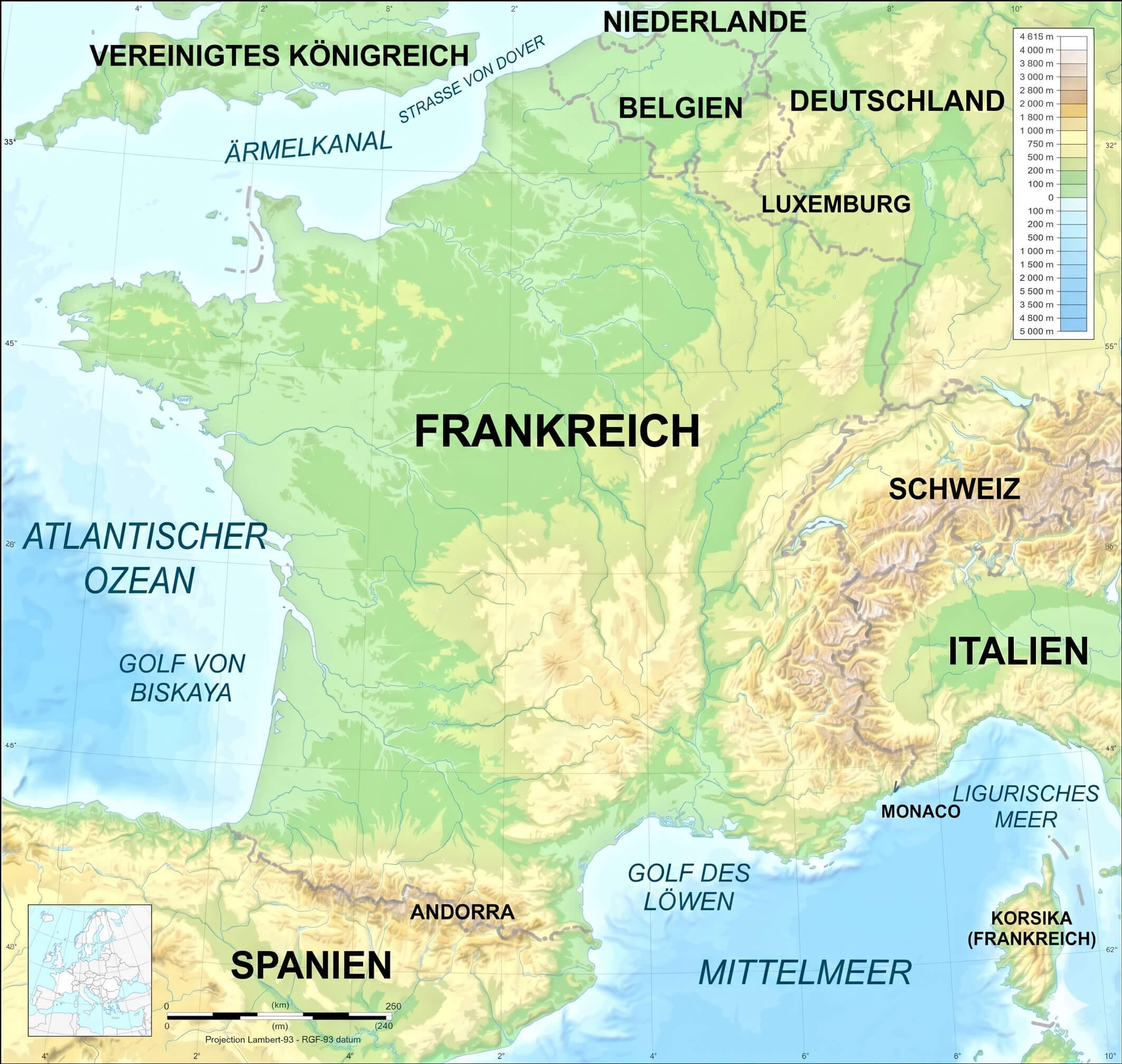Reliefkarte Frankreich mit hoehen