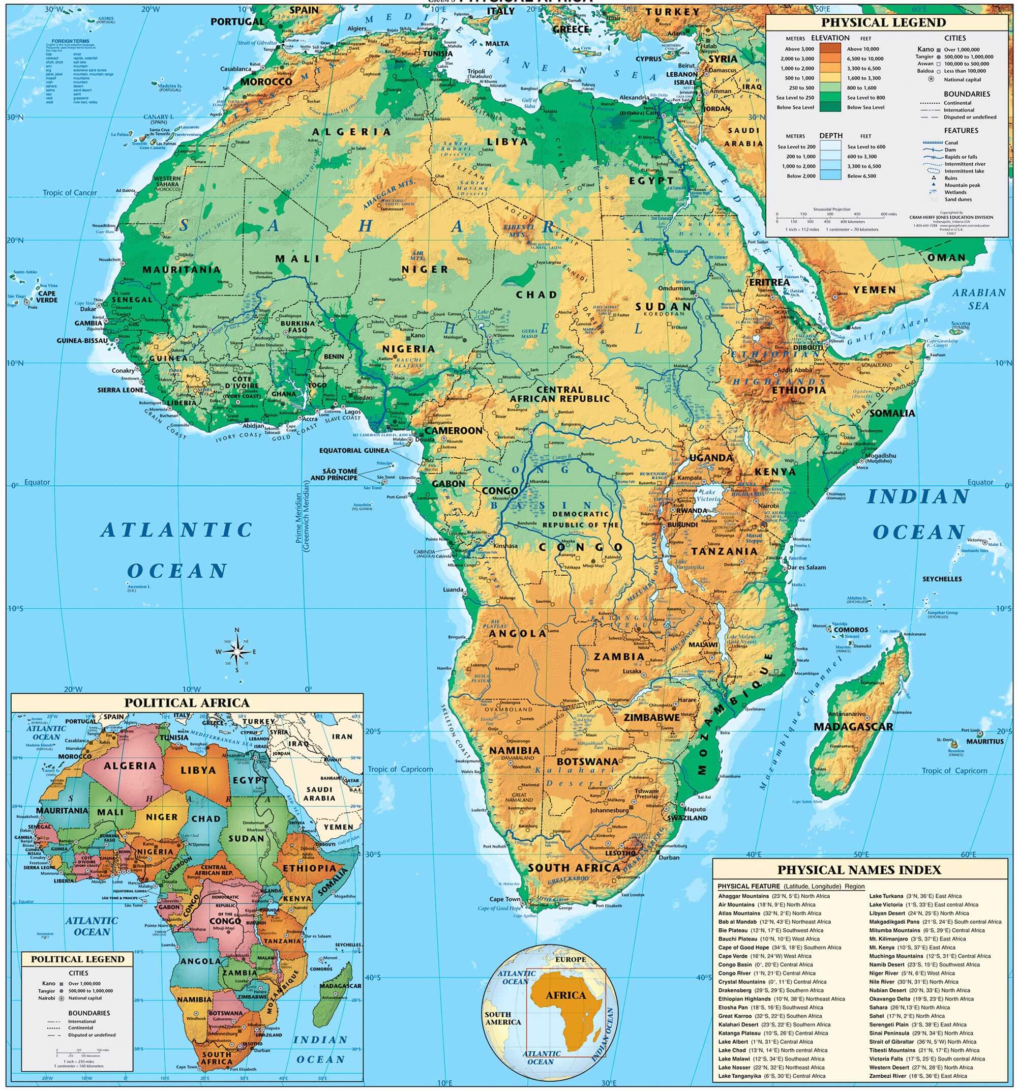 afrika physikalisch karte lander