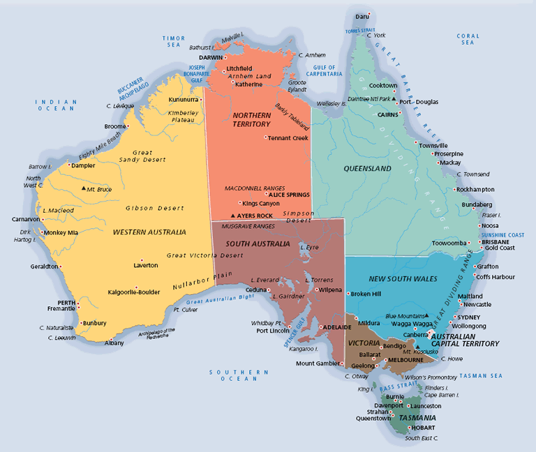 australien regionen karte