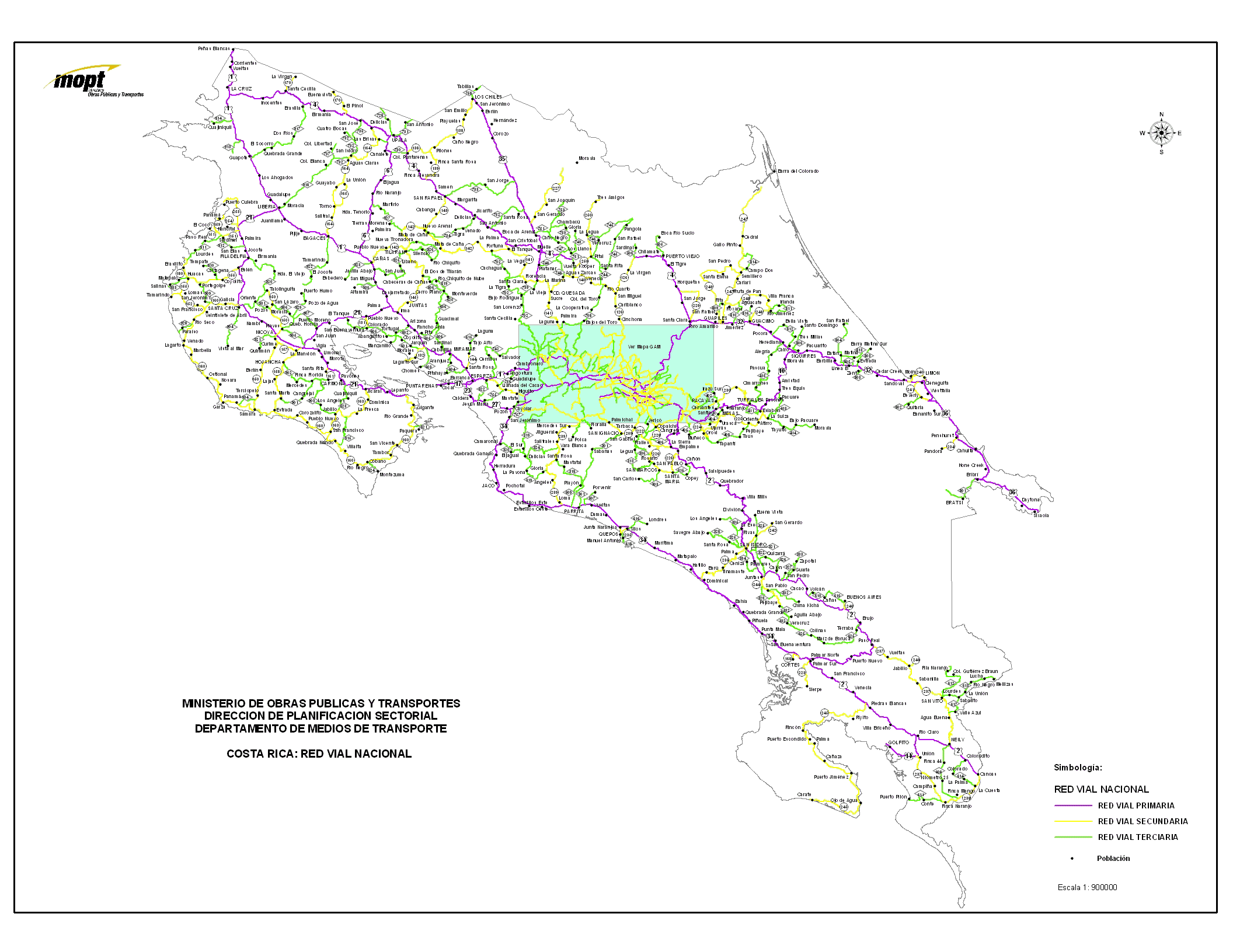 costa rica national strase netzwerk karte