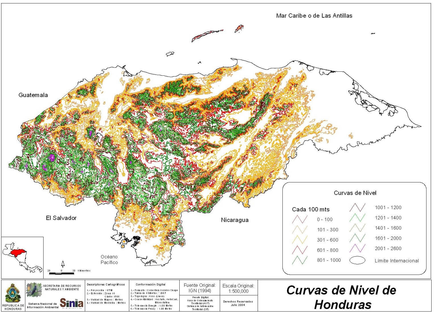 Honduras Elevation Level Curves karte 2004