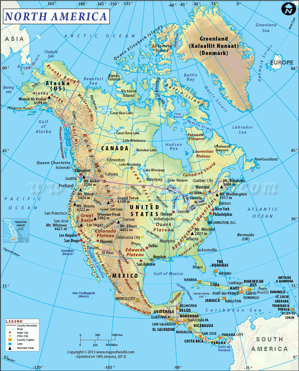 nordlich amerika physikalisch karte mit lander