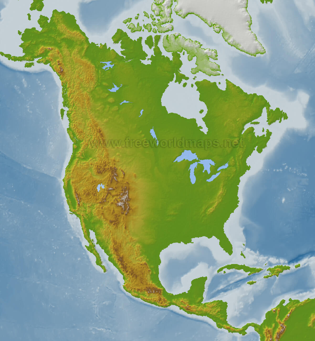 nordlich amerika physikalisch leer karte