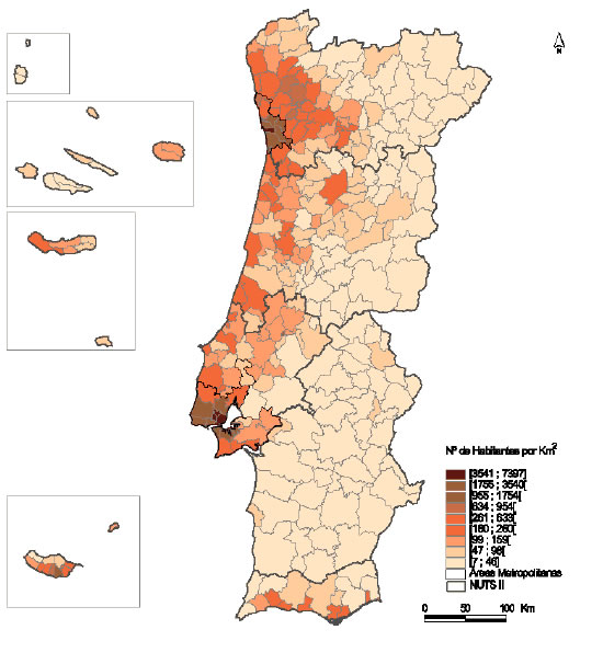portugal bevolkerung dichte karte