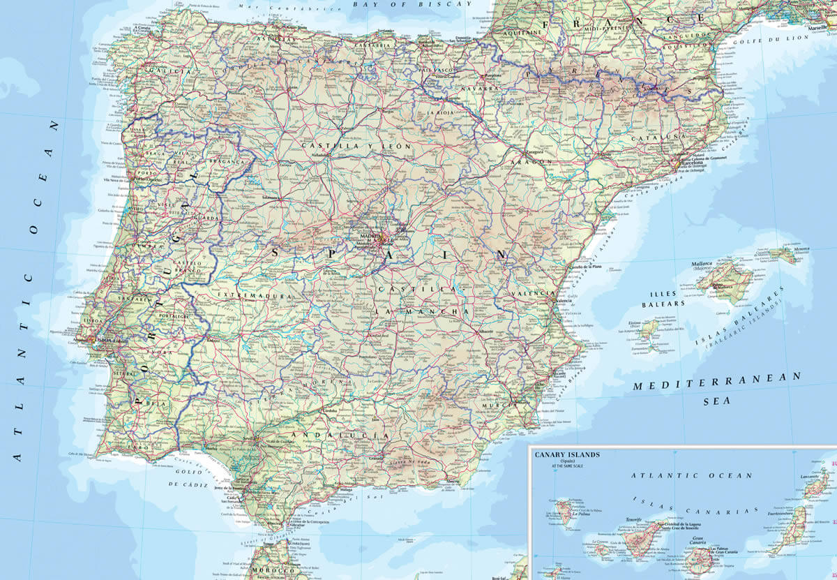 detailliert physikalisch karte von spanien