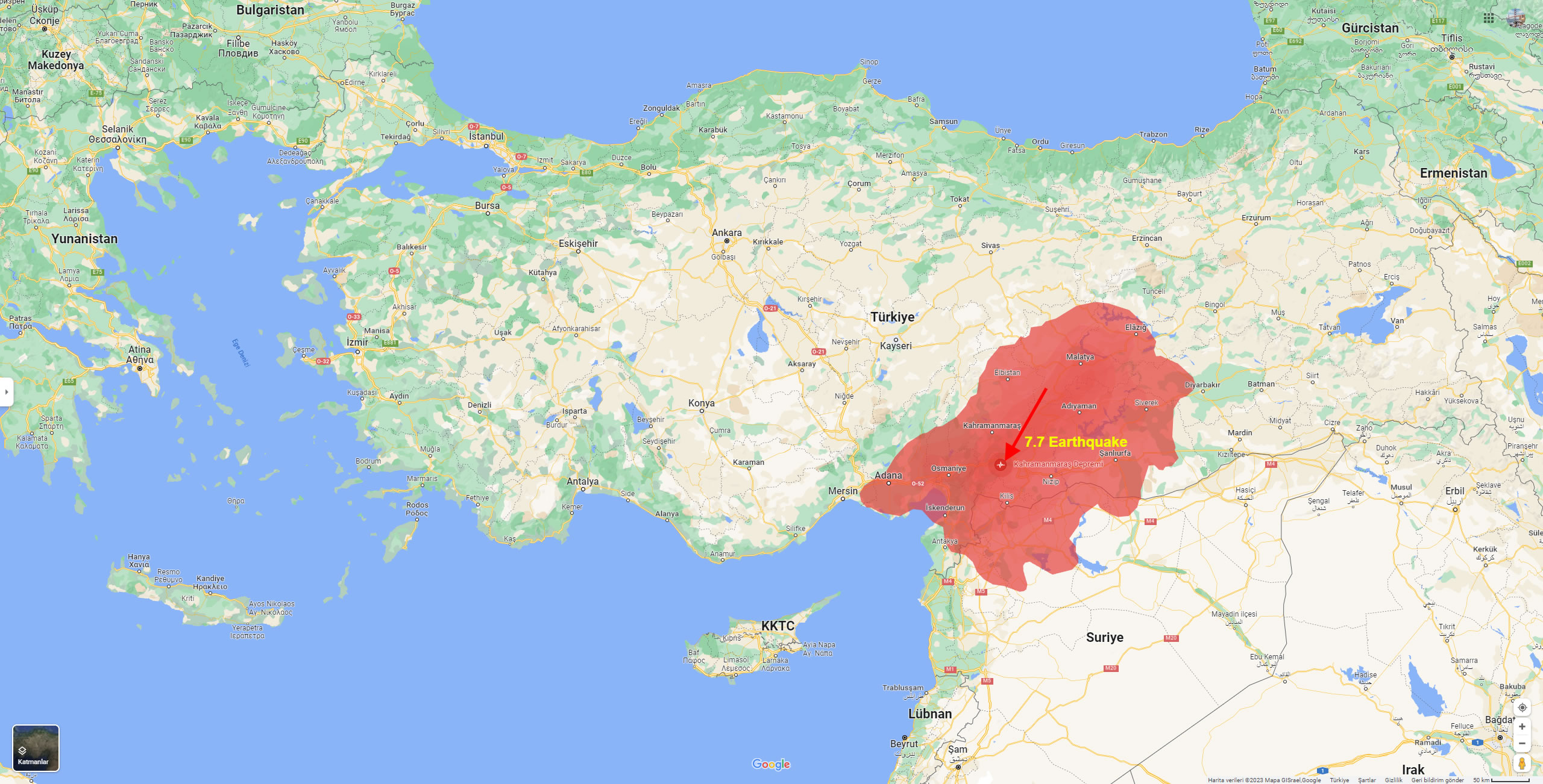 Vom Erdbeben in der Türkei 2023 betroffene Gebiete
