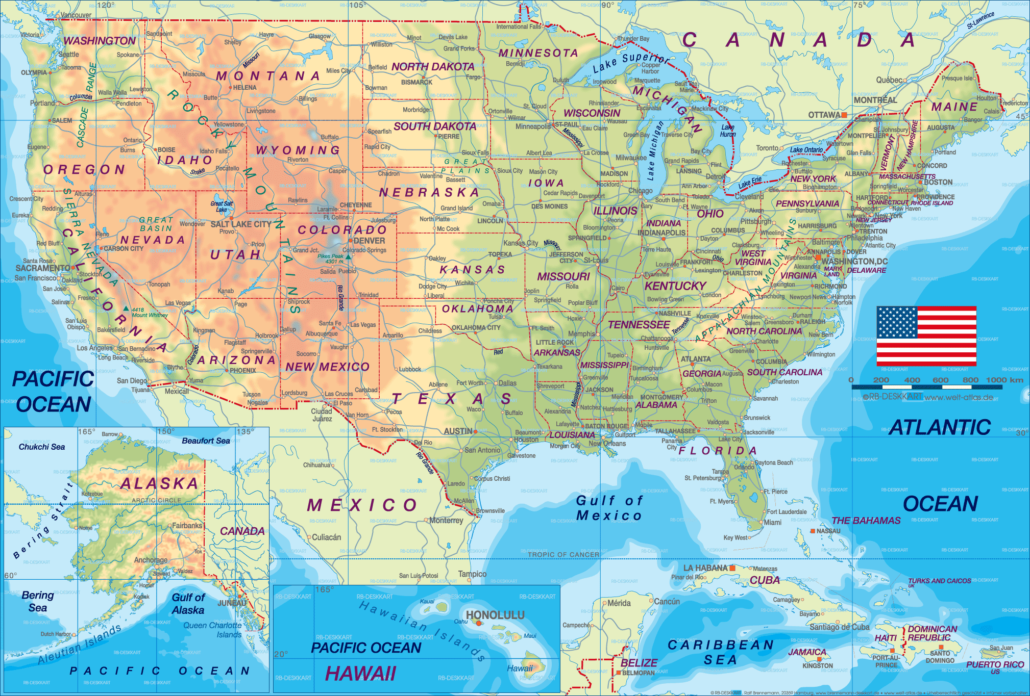physikalisch karte der Vereinigte Staaten