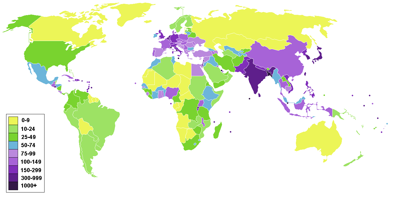 Bevölkerungsdichte Karte der Welt nach Ländern