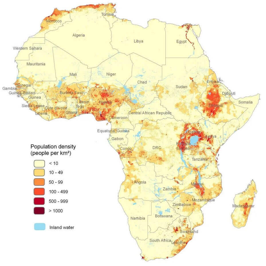 Karte bevoelkerungsdichte in Afrika
