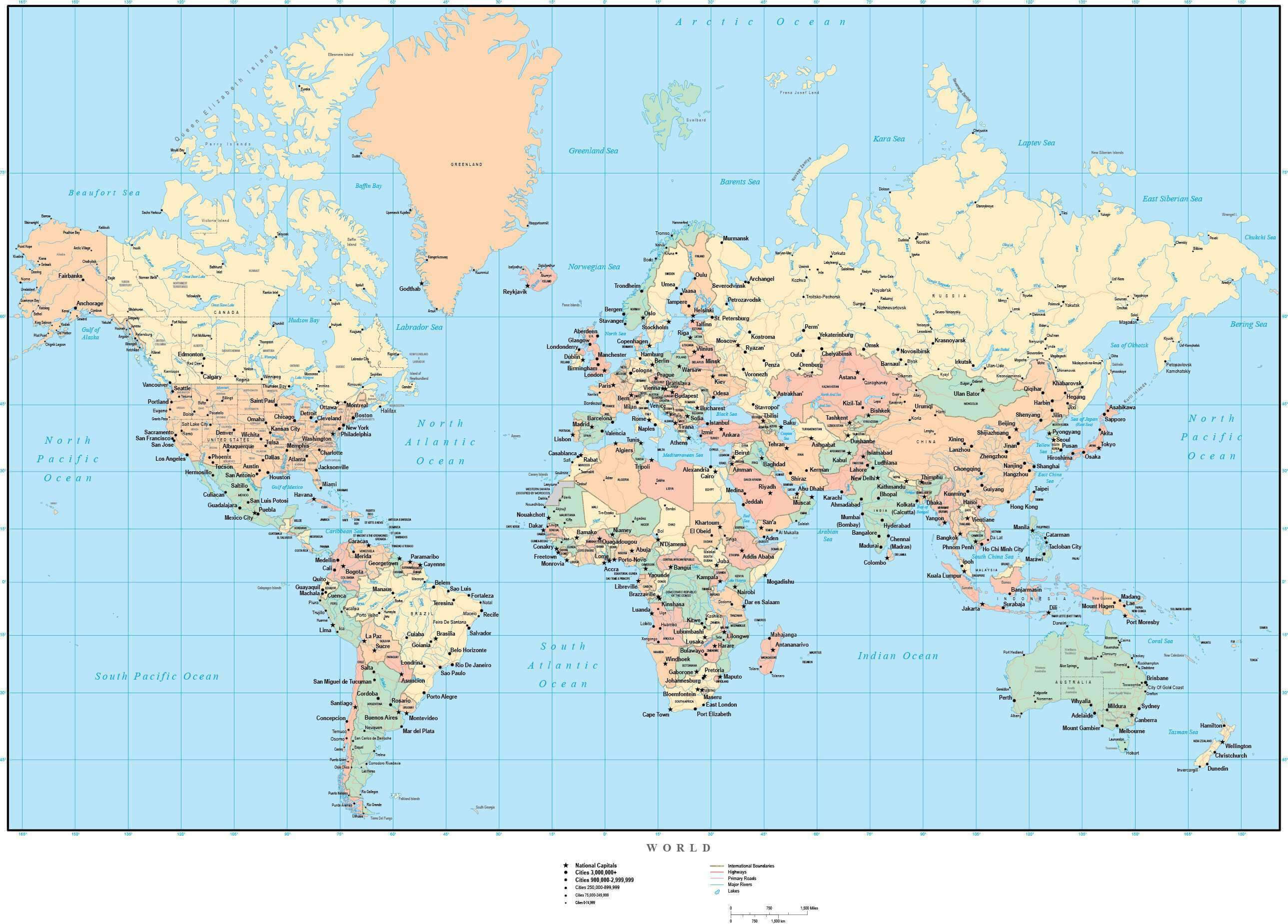 Karte laender hauptstaedte staedte und internationale grenzen der welt
