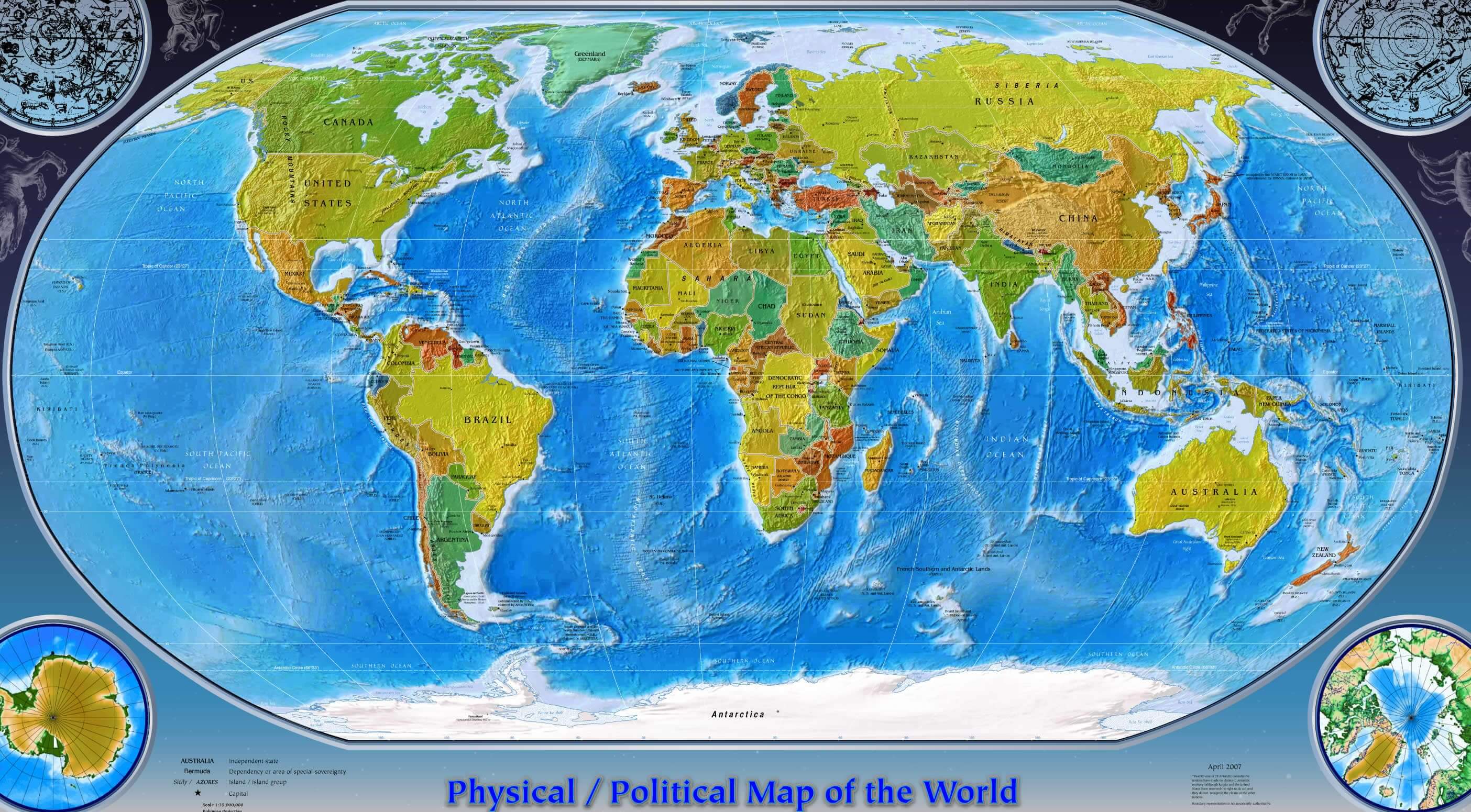 Physische und politische weltkarte